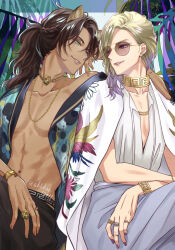 2boys animal_ears blonde_hair brown_hair dark-skinned_male dark_skin elbow_on_another&#039;s_shoulder eye_contact gradient_hair green_eyes highres jewelry leona_kingscholar lion_boy lion_ears long_hair looking_at_another looking_at_viewer male_focus multicolored_hair multiple_boys multiple_rings neck_ring necklace plunging_neckline ponytail purple_eyes purple_hair ring sitting sunglasses toned toned_male twisted_wonderland ukichan12011 vil_schoenheit yaoi