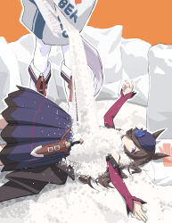 2girls absurdres animal_ears blue_dress blue_flower blue_hat boots bowler_hat brown_hair closed_mouth commentary commentary_request dagger dress english_commentary flower gold_ship_(umamusume) hair_over_one_eye hat hat_flower highres holding holding_sack horse_ears horse_girl horse_tail knife long_hair long_sleeves lying mendidih448 multiple_girls name_connection on_back orange_background outstretched_arms pantyhose purple_eyes rice rice_shower_(umamusume) sack smile spread_arms standing tail tilted_headwear too_literal umamusume weapon white_boots white_pantyhose