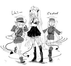 +++ absurdres armband arms_up bag blue_archive boots buttons collared_shirt commentary_request crossed_arms dark-skinned_female dark_skin double-breasted gloves halo hat high_heel_boots high_heels highres hikari_(blue_archive) iori_(blue_archive) kneehighs long_hair long_sleeves monochrome necktie nozomi_(blue_archive) peaked_cap pleated_skirt rabbit_pose running shirt shorts shoulder_bag siblings sidelocks simple_background sisters skirt socks suecovsky translation_request twins twintails white_background