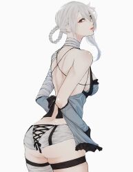 Rule 34 | 1girl, ass, back, bandaged arm, bandaged neck, bandages, braid, braided hair rings, breasts, butt crack, commentary, dimples of venus, eyelashes, gohanndaisukias, grey hair, hair between eyes, hair rings, highres, kaine (nier), large breasts, lingerie, long hair, looking at another, looking at viewer, negligee, nier, nier (series), pink lips, simple background, solo, underwear, white background