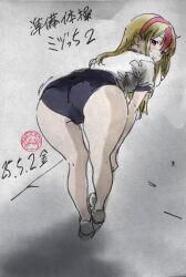 1girl ass bent_over blonde_hair buruma come_hither dated half-closed_eyes huge_ass japanese_text legs long_hair nomeno_mizuha original pink_eyes pink_lips seductive_gaze seductive_smile shirt smile sportswear thighs traditional_media translation_request