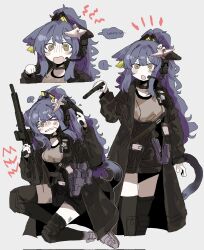1girl animal_ear_fluff animal_ears arknights assault_rifle black_choker black_cloak black_shorts black_thighhighs blush boots cat_ears cat_girl cat_tail choker cloak cowboy_shot ears_down english_text facial_scar full_body green_eyes grey_boots grey_shirt gun hair_ornament hand_up handgun headset highres holding holding_gun holding_weapon jessica_(arknights) jessica_the_liberated_(arknights) kneeling long_hair microphone multiple_views odmised official_alternate_costume one_eye_closed open_mouth ponytail purple_hair rifle scar scar_on_cheek scar_on_face shirt shorts sidelocks sig_mcx sig_sauer solo standing sweatdrop tail thighhighs weapon zettai_ryouiki