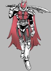 Rule 34 | 1boy, armor, armored boots, armored gloves, black bodysuit, bodysuit, boots, cape, compound eyes, contrapposto, cowboy shot, den-o belt, grey background, highres, ichitaka (1015ichitaka), kamen rider, kamen rider den-o, kamen rider den-o (series), limited palette, male focus, red armor, red cape, red eyes, rider belt, solo, spot color, standing, sword form, tokusatsu, torn cape, torn clothes