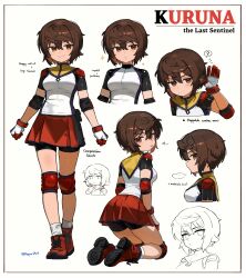 Rule 34 | ..., 1girl, :p, ?, absurdres, animal ears, bike shorts, bike shorts under skirt, boots, breasts, brown eyes, brown hair, character name, commentary, elbow pads, english text, gloves, hepari, highres, knee pads, kneeling, kuruna (pixel princess blitz), looking at viewer, medium breasts, multiple views, pixel princess blitz, pleated skirt, red boots, short hair, short sleeves, simple background, skirt, smile, socks, sparkle, spoken ellipsis, spoken question mark, standing, tongue, tongue out, white background, white socks