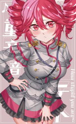 1girl ahoge blush bow breasts dress drill_hair frilled_dress frills grey_dress hair_bow highres inue_ao kasane_teto large_breasts long_sleeves looking_at_viewer mesmerizer_(vocaloid) nail_polish open_mouth red_eyes red_hair red_nails red_trim shirt shoulder_belt skirt smile solo twin_drills twintails vocaloid