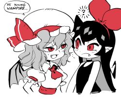 2girls ? ascot bat_wings bow choker commentary crossover face-to-face fang fang_out hair_bow hairband hat hat_ribbon highres long_hair mob_cap multiple_girls noss_&amp;_zakuro open_mouth partially_colored pointy_ears puffy_sleeves rariatto_(ganguri) red_eyes red_hairband remilia_scarlet ribbon short_hair simple_background symbol-only_commentary touhou vampire wings zakuro_(rariatto)