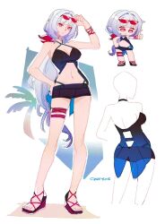 1girl adjusting_eyewear artist_name bikini bikini_under_shorts black_bikini black_shorts blue_hair breasts chibi cleavage crae_(craeyone) elf elysia_(honkai_impact) eyewear_on_head herrscher_of_corruption highres honkai_(series) honkai_impact_3rd large_breasts long_hair multiple_views navel palm_tree pointy_ears red_eyes sandals short_shorts shorts simple_background stomach sunglasses swimsuit thigh_strap thumbs_up toes tree white_background