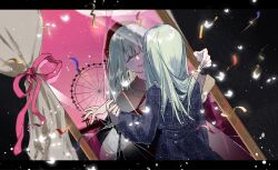 2girls bang_dream! bang_dream!_it&#039;s_mygo!!!!! beret black_capelet blue_dress capelet closed_eyes commentary confetti different_reflection dress green_hair hat highres holding_another&#039;s_wrist letterboxed long_hair long_sleeves mortis_(bang_dream!) mortis_(costume)_(bang_dream!) mortis_(persona)_(bang_dream!) multiple_girls open_mouth plaid_clothes plaid_dress red_hat reflection shenhai_shenye through_medium through_mirror wakaba_mutsumi