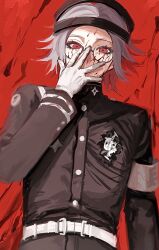 1boy adjusting_eyewear aotsuki_eito armband belt blood blood_on_face blood_on_glass buttons covered_mouth gakuran glasses gloves grey_hair hand_on_eyewear hand_up hashtag-only_commentary highres hole_in_chest hole_on_body last_defense_academy_school_uniform long_sleeves looking_at_viewer majide_yutteru male_focus red_background school_uniform short_hair sketch solo the_hundred_line_-last_defense_academy- upper_body white_armband white_gloves