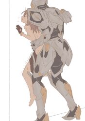1futa 1girl armor artist_name back barefoot black_gloves black_skirt blush closed_eyes full_armor full_body futa_with_female futanari gloves grey_armor grey_hair hair_between_eyes highres honkai:_star_rail honkai_(series) implied_futanari korshokor long_hair mecha open_mouth power_armor robot sam_(honkai:_star_rail) sex simple_background skirt standing standing_sex stelle_(honkai:_star_rail) sweat trailblazer_(honkai:_star_rail) trembling white_background