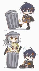 Rule 34 | !?, 3girls, baseball bat, belle (zenless zone zero), black hair, blonde hair, chibi, fallen down, flower, genshin impact, grey hair, hair flower, hair ornament, honkai: star rail, honkai (series), hood, hooded jacket, in container, in trash can, jacket, kicking, lumine (genshin impact), multiple girls, nemu (nemu222 n), stelle (honkai: star rail), trailblazer (honkai: star rail), trash can, zenless zone zero
