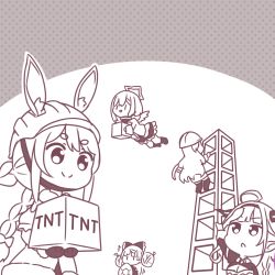 5girls :d ahoge amane_kanata animal_ear_fluff animal_ears arm_up bow braid breasts cleavage closed_mouth detached_sleeves double_bun dragon_horns dress ears_through_headwear explosive flying frilled_skirt frills fur-trimmed_dress fur-trimmed_gloves fur_trim gloves hair_between_eyes hair_bow hair_bun hairband hard_hat helmet highres holding hololive hololive_indonesia horns jacket kiryu_coco kiryu_coco_(1st_costume) kneehighs kureiji_ollie large_breasts long_hair minecraft mini_wings monochrome moona_hoshinova multiple_girls open_mouth pickaxe puffy_short_sleeves puffy_sleeves rabbit_ears rutorifuki short_eyebrows short_sleeves skirt smile socks thick_eyebrows thighhighs tnt tnt_block_(minecraft) twin_braids usada_pekora usada_pekora_(1st_costume) very_long_hair virtual_youtuber white_background wings |_|