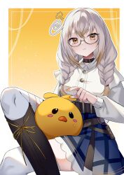 1girl :t absurdres belt belt_collar black_belt black_boots blue_skirt boots braid buttons collar collared_shirt colored_tips crossed_legs glasses grey_hair highres indie_virtual_youtuber kamogumi_(kanna_yanagi) kanna_yanagi knee_boots long_hair multicolored_hair second-party_source semi-rimless_eyewear shirt short_eyebrows skirt tanaka_(tps9g) thighhighs twin_braids virtual_youtuber white_shirt white_thighhighs yellow_eyes yellow_nails