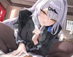 1boy 1girl black_pantyhose black_shirt black_unitard blush bodystocking breasts commentary_request finger_to_mouth flower_on_chest grey_hair hetero highres indoors large_breasts leaning_forward long_hair looking_at_viewer official_alternate_costume open_mouth paid_reward_available pantyhose pov revision shirt straddling sweatdrop tomas_(kaosu22) wise_(soaring_crane)_(zenless_zone_zero) wise_(zenless_zone_zero) yellow_eyes yixuan_(trails_of_ink)_(zenless_zone_zero) yixuan_(zenless_zone_zero) zenless_zone_zero