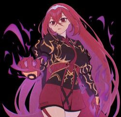1girl aura braid breasts crossed_bangs dark_aura dark_persona female_alear_(fell_dragon)_(fire_emblem) female_alear_(fire_emblem) female_alear_(red_days_past)_(fire_emblem) fire_emblem fire_emblem_engage fire_emblem_heroes gloves hair_between_eyes long_hair looking_at_viewer medium_breasts nintendo official_alternate_costume official_alternate_eye_color official_alternate_hair_color red_aura red_eyes red_hair solo symoca tiara very_long_hair