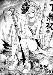 1girl absurdres arm_up armpit_crease bandaged_arm bandaged_leg bandages banner bare_shoulders battle_standard battlefield bow braid breasts chest_sarashi closed_mouth coin collarbone crosshatching crown_braid earrings expressionless fingerless_gloves flower flower_earrings footwear_bow full_body gloves grass greyscale hair_between_eyes hair_flower hair_ornament hand_on_hilt hatching_(texture) high_ponytail high_tops highres holed_coin horned_mask jewelry katana kuroki_yuushin log looking_at_viewer mask mask_on_head midriff monochrome navel noh_mask oni_mask original outdoors planted planted_sword planted_weapon ponytail sarashi sheath sheathed shoes short_shorts short_sword shorts sitting sitting_on_log skull small_breasts sneakers solo sword tachi_(weapon) war_banner wavy_hair weapon