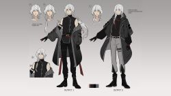 1boy a_date_with_death alternate_costume arm_belt belt black_boots black_gloves black_leggings boots casper_(a_date_with_death) elbow_gloves gloves grey_jacket hair_over_shoulder highres hood hood_down jacket jacket_partially_removed leggings long_hair looking_at_viewer male_focus multiple_belts multiple_views non-web_source official_art outstretched_arm red_eyes reference_sheet sidelocks single_elbow_glove sleeveless sleeveless_turtleneck solo turtleneck variant_set white_hair