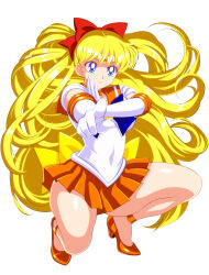 Rule 34 | 1girl, aino minako, bishoujo senshi sailor moon, blonde hair, blue eyes, bow, bowtie, choker, covered navel, crescent beam, elbow gloves, full body, gloves, high heels, highres, legs, long hair, miniskirt, orange choker, orange hair, orange sailor collar, orange skirt, pirochi, pleated skirt, pointing, pump, red bow, red bowtie, sailor collar, sailor senshi, sailor senshi uniform, sailor venus, simple background, skirt, solo, squatting, very long hair, white background, white gloves