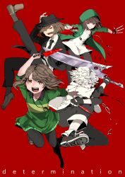 1boy 3others :d adjusting_clothes adjusting_headwear arm_up asymmetrical_dual_wielding bad_id bad_pixiv_id between_fingers black_hat black_jacket black_necktie black_pants black_shirt black_shoes brown_eyes brown_hair brown_shoes chain chain_necklace chara_(undertale) closed_mouth collarbone collared_shirt commentary covered_mouth drawstring dual_wielding english_commentary english_text fingerless_gloves full_body glove_cutout gloves gold_necklace green_jacket green_sweater hair_over_one_eye hand_in_pocket hat heart heart_necklace highres holding holding_knife hood hood_down hood_up hooded_jacket jacket jewelry jitome knife layered_sleeves leg_up loafers long_shirt long_sleeves mafiatale medium_hair multiple_others multiple_persona necklace necktie one_eye_covered open_clothes open_jacket open_mouth pale_skin pants purple_eyes red_background red_eyes red_gloves reverse_grip sans_(undertale) shirt shoelaces shoes short-sleeved_jacket short_hair short_over_long_sleeves short_sleeves simple_background smile standing standing_on_one_leg storyshift striped_clothes striped_sweater sweater teeth three-quarter_sleeves tongue two-tone_sweater undertale upper_teeth_only v-neck white_hair white_jacket white_shirt xtale yellow_sweater yokogon