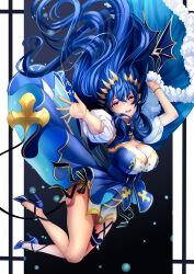 1girl absurdres black_background blue_dress blue_hair blue_shoes breasts brown_horns cleavage cleavage_cutout clothing_cutout commentary_request demon_girl demon_horns demon_tail detached_sleeves dress falling floating_hair frilled_thigh_strap full_body hair_between_eyes high_heels highres horns jewelry konekoneko_(konekopi) large_breasts long_hair looking_at_viewer nanashi_inc. open_mouth pointy_ears puffy_detached_sleeves puffy_sleeves reaching reaching_towards_viewer ring shimamura_charlotte shimamura_charlotte_(9th_costume) shoes sleeveless sleeveless_dress smile solo tail thigh_strap very_long_hair virtual_youtuber white_sleeves yellow_eyes