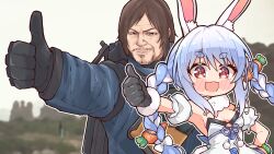 1boy 1girl animal_ear_fluff animal_ears black_gloves blue_hair blush braid breasts brown_hair carrot_hair_ornament commentary crossover death_stranding dress food-themed_hair_ornament gloves hair_ornament highres hololive kukie-nyan long_hair looking_at_viewer medium_breasts open_mouth rabbit_ears rabbit_girl red_eyes sam_porter_bridges short_hair strapless strapless_dress thick_eyebrows thumbs_up twin_braids usada_pekora usada_pekora_(1st_costume) virtual_youtuber white_dress white_hair