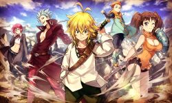 Rule 34 | 1girl, 4boys, adjusting eyewear, ahoge, ban (nanatsu no taizai), belt, bike shorts, black pants, blonde hair, blue sky, breasts, brown belt, brown hair, cleavage, closed mouth, cloud, coat, commentary, covered navel, day, diane (nanatsu no taizai), floating, glasses, gowther, green eyes, grey hair, highres, holding, holding sword, holding weapon, hood, hood down, king (nanatsu no taizai), long hair, looking at viewer, meliodas, multiple boys, nanatsu no taizai, official art, pants, purple eyes, second-party source, short hair, sky, standing, sword, ta ga tame no alchemist, twintails, weapon