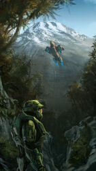 1boy absurdres armor assault_visor blue_sky concept_art dropship from_behind from_below green_armor halo_(series) helmet highres isaac_hannaford jungle looking_up master_chief mountain nature official_art orange_visor pelican_(halo) power_armor sky solo thrusters