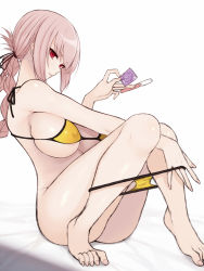 1girl bare_shoulders bikini bikini_pull braid braided_ponytail breasts cleavage clothes_pull cocq_taichou condom condom_wrapper covered_erect_nipples fate/grand_order fate_(series) florence_nightingale_(chaldea_lifesavers)_(fate) florence_nightingale_(fate) folded_ponytail large_breasts long_hair looking_at_viewer pink_hair red_eyes sitting solo swimsuit yellow_bikini