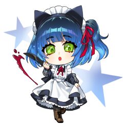 1boy :o alternate_costume animal_ear_hairband animal_ears apron black_dress black_hair black_hairband black_jacket black_pantyhose blood blue_background blunt_bangs boots brown_boots buttons cat_ear_hairband cat_ears chibi chibi_only clothes_lift collared_dress commentary commission dress english_commentary enmaided fake_animal_ears frilled_apron frills full_body gradient_hair green_eyes hair_ribbon hairband headdress highres holding holding_knife jacket jacket_partially_removed knee_boots knife lace-up_boots looking_at_viewer maid maid_apron maid_headdress male_focus medium_dress medium_hair multicolored_hair neck_ribbon one_side_up open_mouth pantyhose petticoat red_ribbon ribbon ryoune_yami simple_background skirt skirt_lift solo standing standing_on_one_leg star_(symbol) star_in_eye star_symbol_background symbol_in_eye trap triple_vertical_stripe two-tone_hair ultracat utau white_apron white_headdress