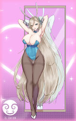 Rule 34 | 1girl, absurdres, animal ears, aqua bow, aqua bowtie, aqua leotard, armpits, arms behind head, asuna (blue archive), asuna (bunny) (blue archive), blonde hair, blue archive, blue eyes, bow, bowtie, breasts, brown pantyhose, cleavage, eleditor, fake animal ears, full body, gloves, high heels, highres, large breasts, leotard, long hair, looking at viewer, mirror, mole, mole on breast, pantyhose, pink background, playboy bunny, rabbit ears, reflection, solo, standing, strapless, strapless leotard, very long hair, white gloves