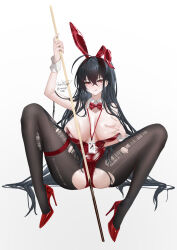 Rule 34 | 1girl, absurdres, animal ears, azur lane, black hair, black pantyhose, bow, bowtie, breasts, commentary request, detached collar, fake animal ears, high heels, highres, holding cue stick, huge breasts, id card, invisible chair, lanyard, leotard, licking lips, long hair, looking at viewer, m legs, official alternate costume, pantyhose, playboy bunny, rabbit ears, red bow, red bowtie, red eyes, red leotard, red shoes, sanvicept, shoes, signature, simple background, sitting, solo, spread legs, strapless, strapless leotard, taihou (azur lane), taihou (fun on the baize) (azur lane), tongue, tongue out, torn clothes, torn pantyhose, white background, wrist cuffs