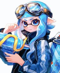 Rule 34 | 1girl, aviator goggles, blue eyes, blue hair, blue jacket, closed mouth, earrings, goggles, goggles on head, hand up, heart, heart in eye, holding, holding weapon, ink tank (splatoon), inkling, inkling girl, inkling player character, jacket, jewelry, kodak painter, long hair, long sleeves, looking at viewer, nintendo, pointy ears, simple background, smile, solo, splatoon (series), splattershot (splatoon), symbol in eye, tentacle hair, upper body, weapon, white background, zipper pull tab