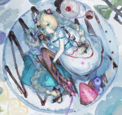 Rule 34 | 1girl, ahoge, aqua eyes, aqua hair, bell, black gloves, black pantyhose, blonde hair, blueberry, dress, food, fruit, full body, gloves, hair between eyes, jingle bell, lying, millie parfait, multicolored hair, neck bell, nijisanji, nijisanji en, on food, pantyhose, pink hair, shaved ice, solo, strawberry, streaked hair, virtual youtuber, white dress, zuppy (zuppyterra)