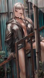 Rule 34 | 1girl, absurdres, against railing, black choker, bottomless, breasts, brown eyes, chain, choker, cigarette, collarbone, commentary request, convenient censoring, feet out of frame, fur-trimmed jacket, fur trim, grey hair, head tilt, high heels, highres, holding, holding cigarette, industrial pipe, jacket, leaf, linked piercing, long hair, long sleeves, looking at viewer, medium breasts, naked jacket, navel, no bra, no panties, original, outdoors, parted lips, partially undressed, piercing, plant, railing, rain, shoes, smoke, soleil (soleilmtfbwy03), solo, thighs, wet