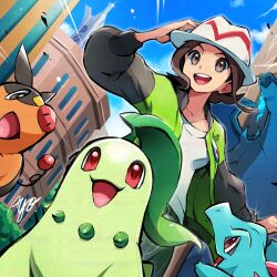 1girl :d arm_up ayo_(ayosanri009) brown_eyes brown_hair building charizard chikorita cloud commentary_request day eyelashes gen_1_pokemon gen_2_pokemon gen_5_pokemon green_jacket happy harmony_(pokemon) hat jacket mega_charizard_x mega_pokemon nintendo open_clothes open_jacket open_mouth outdoors pokemon pokemon_(creature) pokemon_legends:_z-a shirt signature sky smile starter_pokemon_trio teeth tepig tongue totodile upper_teeth_only white_hat white_shirt