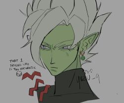 Rule 34 | 1boy, annoyed, black bodysuit, bodysuit, closed mouth, colored skin, cyozine, dragon ball, dragon ball super, earrings, english text, fused zamasu, green skin, grey eyes, jewelry, looking to the side, pointy ears, potara earrings, solo, spiked hair, white hair