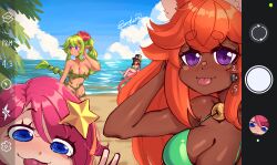 4girls :q absurdres animal_ear_fluff animal_ears artist_name bell bikini blue_eyes breasts brown_hair cleavage cloud dark-skinned_female dark_skin dryad_(terraria) fake_phone_screenshot fake_screenshot fox_ears fox_girl green_bikini green_hair greyl1me high_ponytail highres innertube jingle_bell large_breasts leaf_clothing multi-tied_hair multiple_girls ocean orange_hair party_girl_(terraria) pink_hair plant ponytail purple_eyes sand selfie signature steampunker_(terraria) swim_ring swimsuit terraria tongue tongue_out vines water zoologist_(terraria)