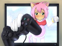 1girl amy_rose animal_ears bad_id bad_pixiv_id blush controller dress dualshock female_focus game_console game_controller gamepad gloves green_eyes hairband personification pink_hair playstation_2 playstation_controller risu_kurosaki short_hair smile solo sonic_(series) through_medium through_screen