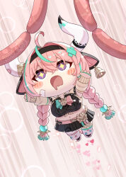 +_+ 1girl absurdres ahoge animal_ears aqua_hair artist_name bell black_skirt blush_stickers braid breasts chibi chibi_only chinese_commentary commentary_request cow_ears cow_girl cow_horns cowbell crop_top dd_che_shen detached_sleeves drooling ear_bell food full_body genshin_impact hair_between_eyes heart highres horns long_hair miniskirt mouth_drool multicolored_hair navel open_mouth outstretched_arms pink_hair pleated_skirt purple_eyes sausage skirt solo stomach streaked_hair thighhighs twin_braids varesa_(genshin_impact) very_long_hair white_thighhighs yellow_sleeves