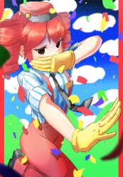 1girl 2girls black_eyes confetti drill_hair gloves hat highres kasane_teto kasane_teto_(sv) long_hair looking_at_viewer mesmerizer_(vocaloid) multiple_girls oho_oho red_hair shirt short_sleeves smile solo striped_clothes striped_shirt utau visor_cap