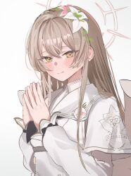 absurdres angel_wings blue_archive brown_hair capelet feathered_wings flower hair_between_eyes hair_flower hair_ornament halo highres kaedemaru long_hair long_sleeves looking_at_viewer nagisa_(blue_archive) pink_halo simple_background smile white_capelet white_flower white_wings wings yellow_eyes