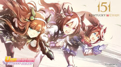 3girls :o animal_ears blunt_bangs bow brown_hair commentary copyright_name ear_bow ear_covers english_commentary green_eyes hairband hime_cut horse_ears horse_girl kentucky_derby long_hair long_sleeves multicolored_hair multiple_girls official_art orange_hair ponytail promotional_art purple_bow purple_eyes running short_hair silence_suzuka_(umamusume) special_week_(umamusume) streaked_hair tokai_teio_(umamusume) two-tone_hair umamusume white_hair white_hairband