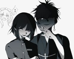 1girl 2boys bow crossed_arms earrings eye_print eyepatch greyscale grin hair_bow haori holding holding_knife jacket japanese_clothes jewelry knife male_focus monochrome multiple_boys omokage_yugamu one_eye_closed school_uniform shhuhf52416 short_hair simple_background smile the_hundred_line_-last_defense_academy- tsukumo_ima tsukumo_kako