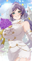 1girl absurdres artist_name balloon bird blue_sky blush bouquet breasts commentary cross dress elbow_gloves english_commentary flower gloves green_eyes grin highres holding holding_bouquet large_breasts latin_cross love_live! love_live!_school_idol_project low_twintails outdoors pukonuu purple_flower purple_hair signature sky smile solo tojo_nozomi twintails wedding wedding_dress white_dress white_gloves