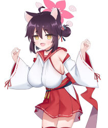 1girl absurdres animal_ears blue_archive breasts commentary cowboy_shot detached_sleeves fang hair_bun halo hands_up highres hina_chan kaede_(blue_archive) large_breasts leaning_forward looking_at_viewer open_mouth oppai_loli pink_halo purple_hair red_skirt short_hair simple_background single_side_bun skin_fang skirt sleeveless solo sweatdrop white_background white_sleeves yellow_eyes