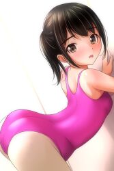 1girl ass bent_over black_hair blush breasts brown_eyes from_behind hand_on_wall highres leotard long_hair looking_at_viewer looking_back matsunaga_kouyou open_mouth original pantyhose pink_leotard ponytail small_breasts standing teeth white_pantyhose