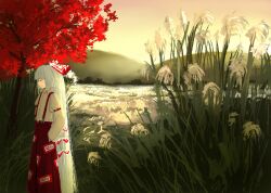 1girl absurdres autumn_leaves blunt_bangs bow brown_shirt closed_eyes closed_mouth commentary_request cowboy_shot day fujiwara_no_mokou grass grey_hair grey_sky hair_bow hands_in_pockets highres leaf long_hair long_sleeves maple_leaf ofuda ofuda_on_clothes outdoors pants pond red_pants ritsuzou shirt sky smile solo standing suspenders touhou tree very_long_hair white_bow