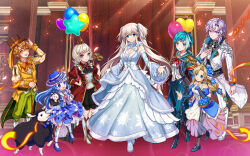 2boys balloon black_sheep blony_(mabinogi) dress eremon_(mabinogi) heart_balloon highres holding holding_balloon indoors long_skirt looking_at_viewer lorna mabinogi multiple_boys multiple_girls nao_(mabinogi) skirt standing star_balloon