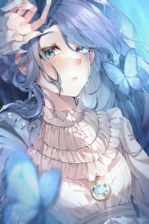 1girl absurdres blue_butterfly blue_eyes blue_hair blush brooch bug butterfly chest_jewel gem hand_up highres insect jewelry lies_of_p looking_at_viewer monthly_snow shirt single_tear solo sophia_monad teardrop tears victorian white_shirt