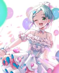 1girl ;d aqua_hair balloon bare_shoulders bow d4dj dress frilled_dress frills glitter glitter_dress glitter_in_hair green_eyes hair_bow hair_ornament hanamaki_towa heart heart_hair_ornament highres multicolored_dress multicolored_hair official_alternate_costume official_alternate_hairstyle one_eye_closed open_mouth pink_hair polka_dot polka_dot_bow ponytail short_hair smile solo teeth two-tone_hair umekawa_(umekawatowa11) upper_body upper_teeth_only white_bow